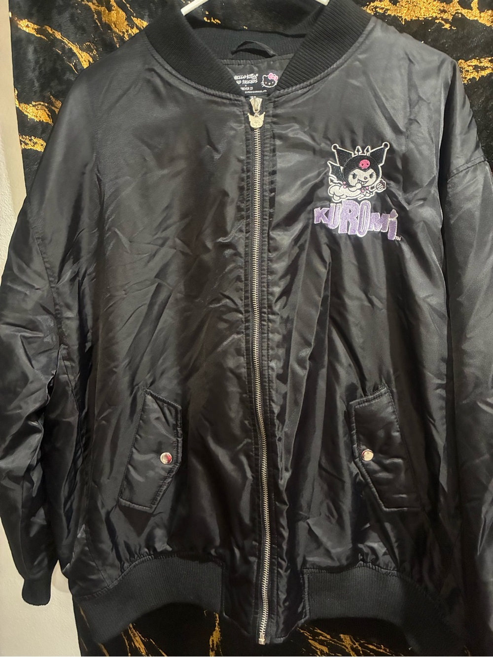 Forever 21 Black Satin Bomber Jacket with Purple Embroidery